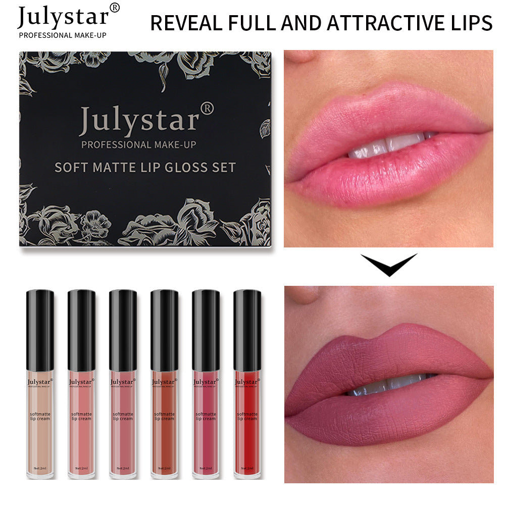 Julystar soft matte lip gloss set featuring six tubes with black caps and color swatches on lips.