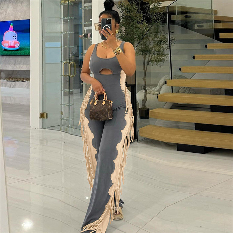 Plush Fashion Hub sleeveless tassel jumpsuit with playful tassel details and a relaxed fit, perfect for casual summer wear.