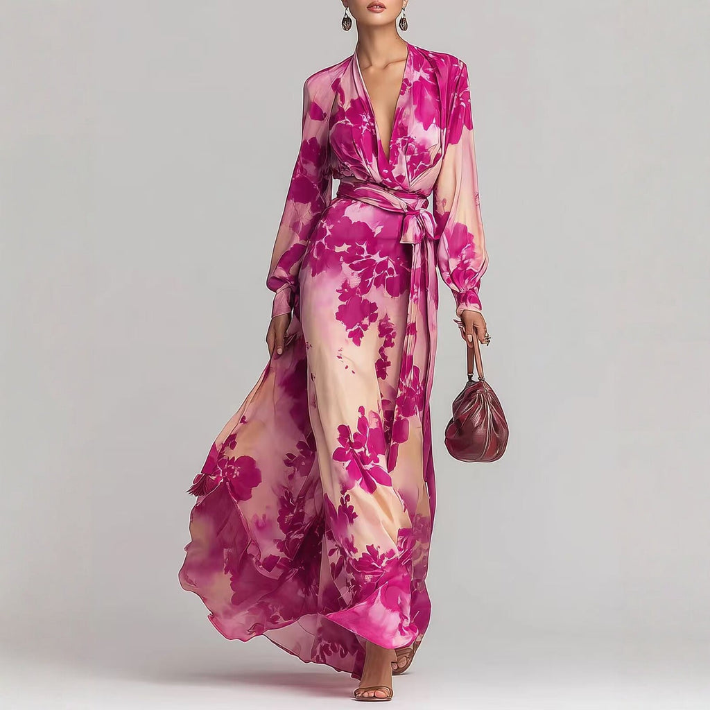 Women's floral chiffon maxi dress with long sleeves, V-neck, and tie-up waist by FitiqueFit, featuring a colorful floral print.