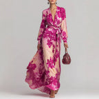 Women's floral chiffon maxi dress with long sleeves, V-neck, and tie-up waist by FitiqueFit, featuring a colorful floral print.