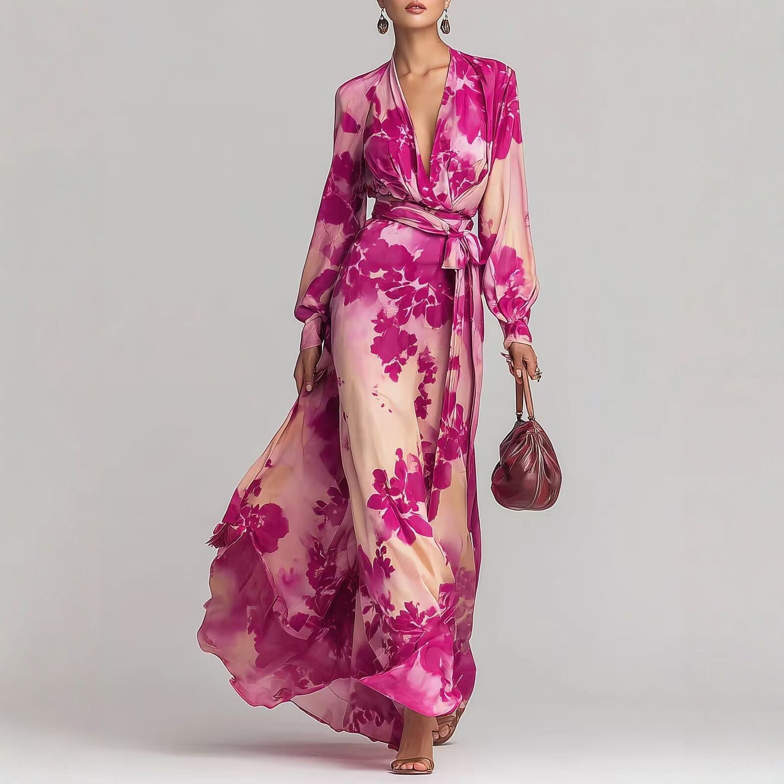 Women's floral chiffon maxi dress with long sleeves, V-neck, and tie-up waist by FitiqueFit, featuring a colorful floral print.