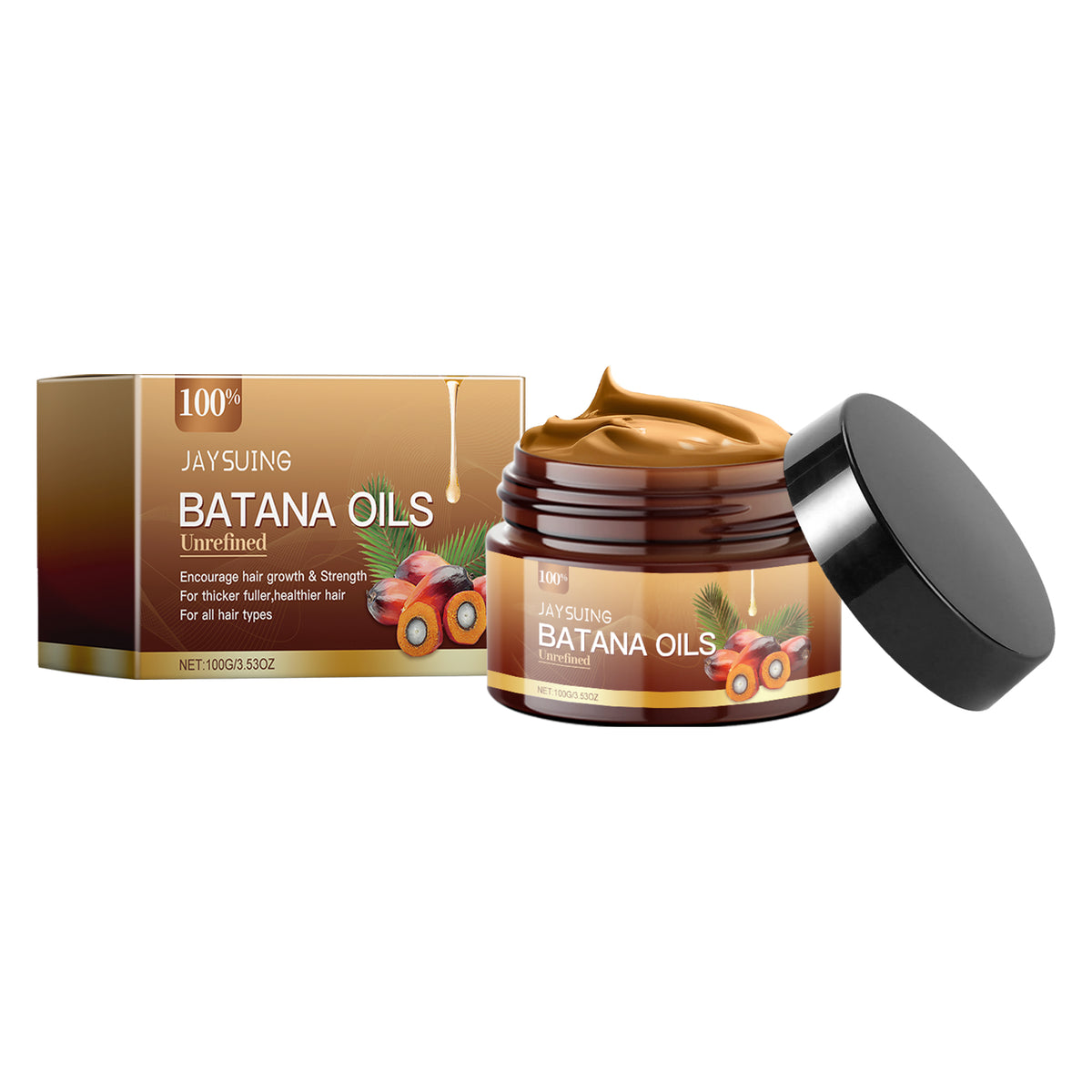 A brown plastic jar of Batana oil with a black lid and its matching box, featuring golden text and palm nut graphics.