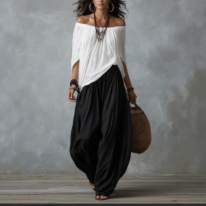 Women's one-shoulder T-shirt and wide-leg pants two-piece set by FitiqueFit, casual urban outfit, featuring stylish, comfortable clothing.