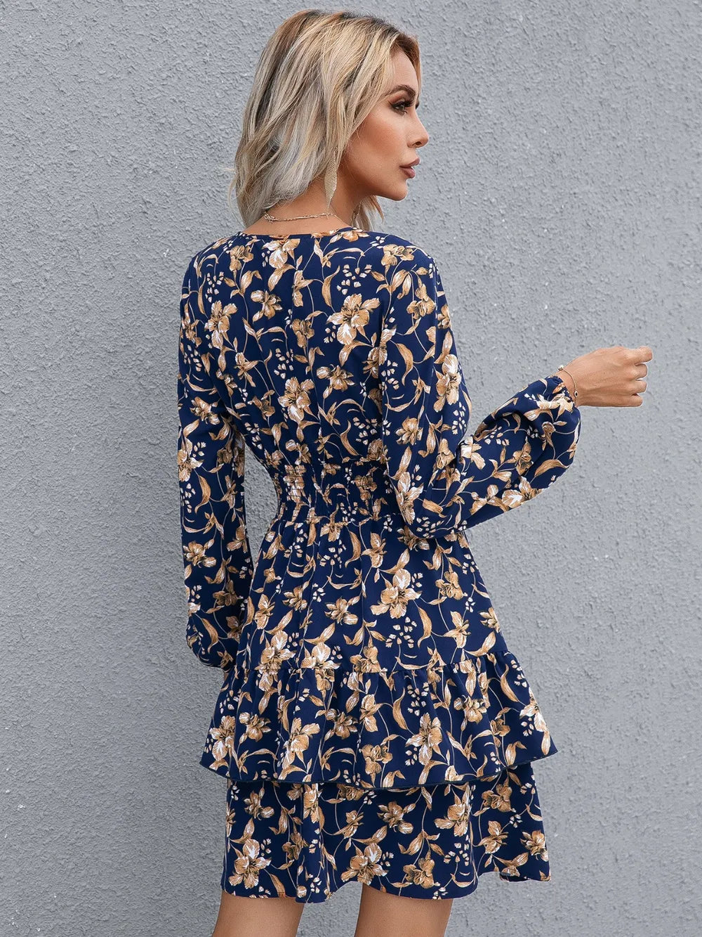 Floral layered surplice balloon sleeve dress by Plush Fashion Hub, casualwear with a floral print and elegant design.