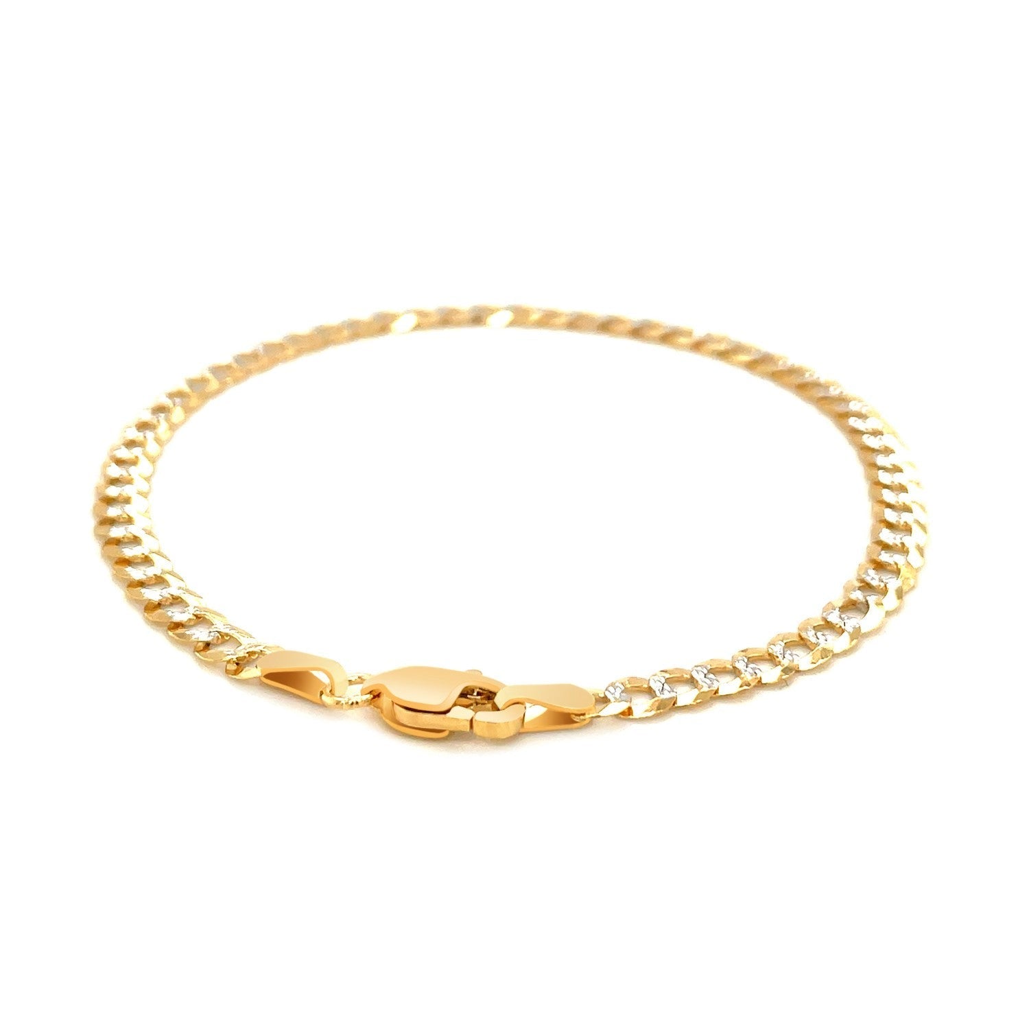 14k two-tone gold pave curb bracelet with 3.6mm links, featuring intricate gold detailing and a secure clasp.