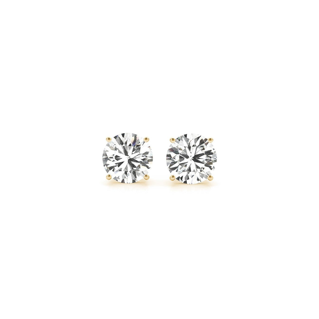 Pair of 1.5 cttw IGI certified lab-grown round diamond stud earrings in 14k yellow gold with G/VS2 clarity.