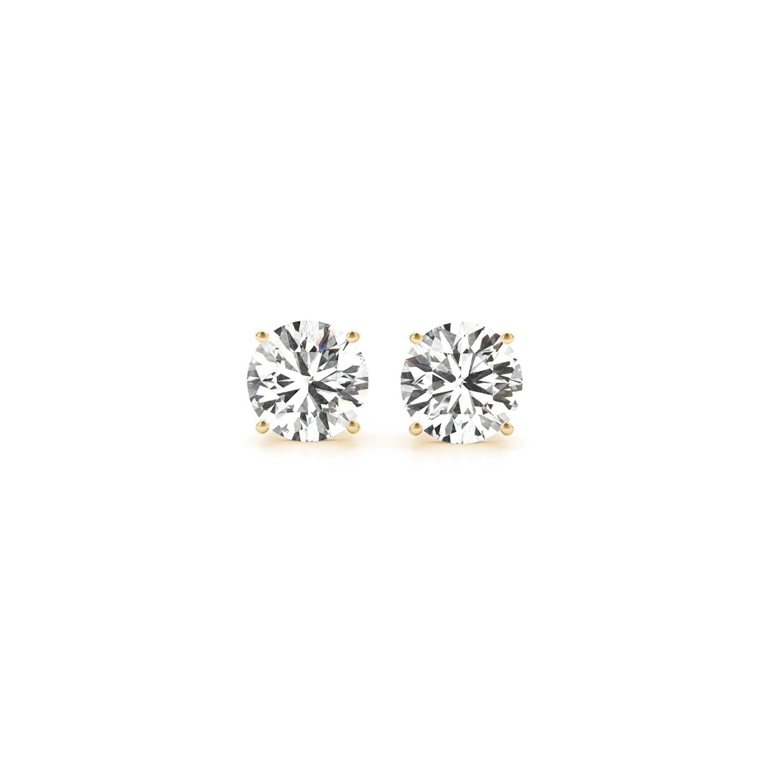 Pair of 1.5 cttw IGI certified lab-grown round diamond stud earrings in 14k yellow gold with G/VS2 clarity.