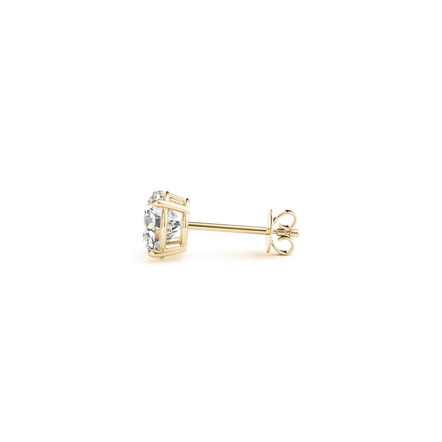 Certified IGI lab-grown round diamond stud earrings in 14k yellow gold, featuring 1.5 cttw G/VS2 diamonds.