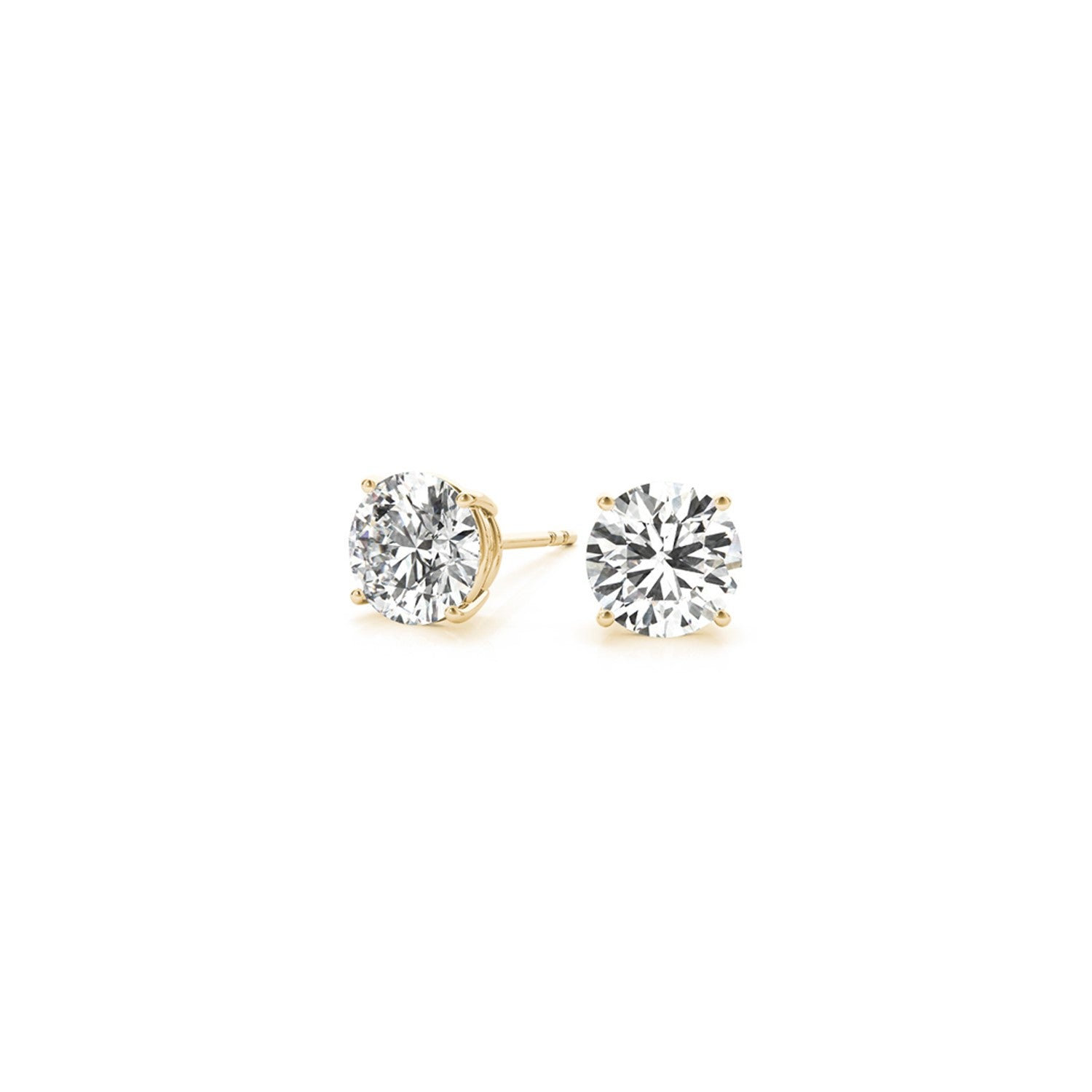 Certified IGI lab-grown 1.5 cttw round diamond stud earrings in 14k yellow gold with G/VS2 clarity.