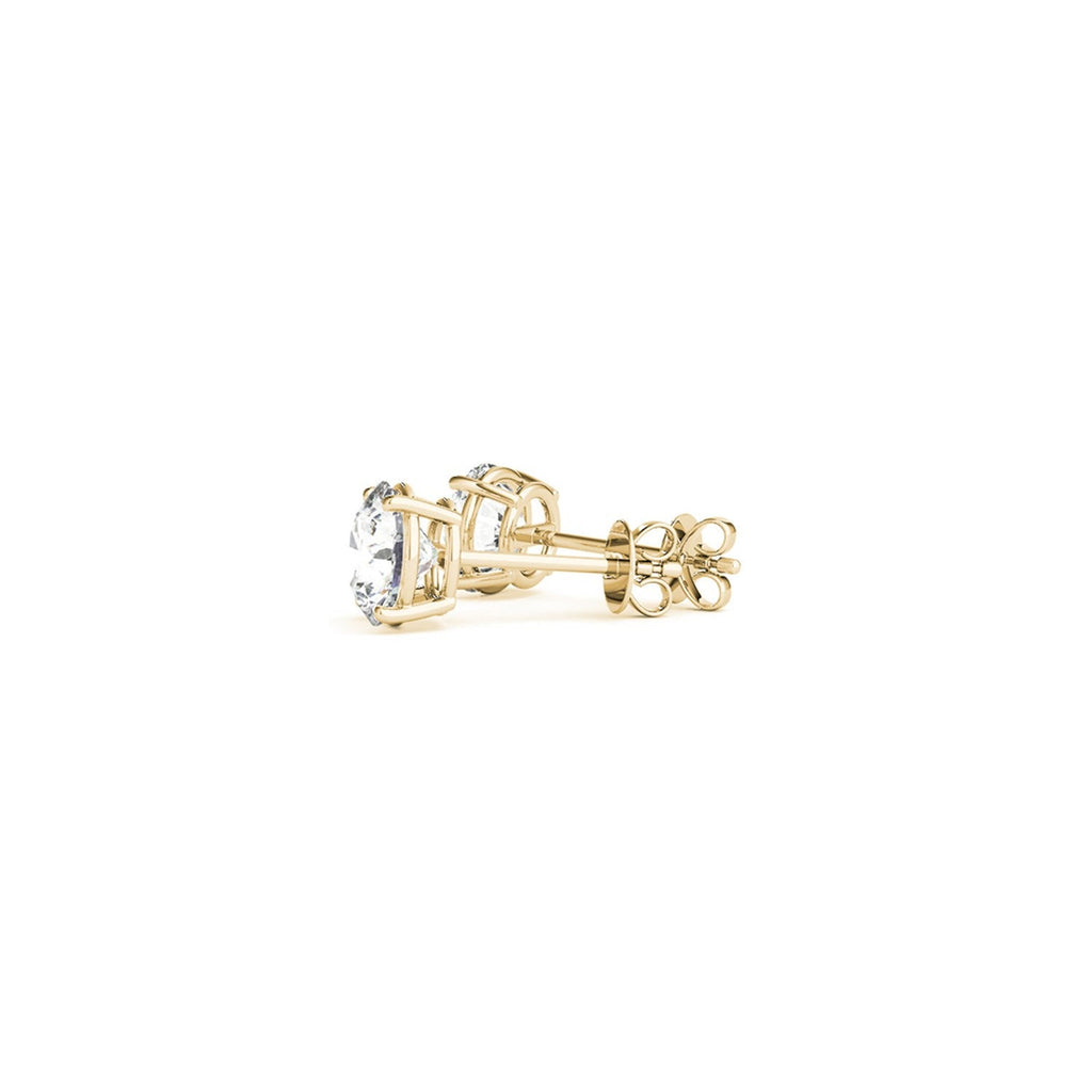 Certified IGI lab-grown round diamond stud earrings in 14k yellow gold with G/VS2 quality, 1.5 carat total weight.