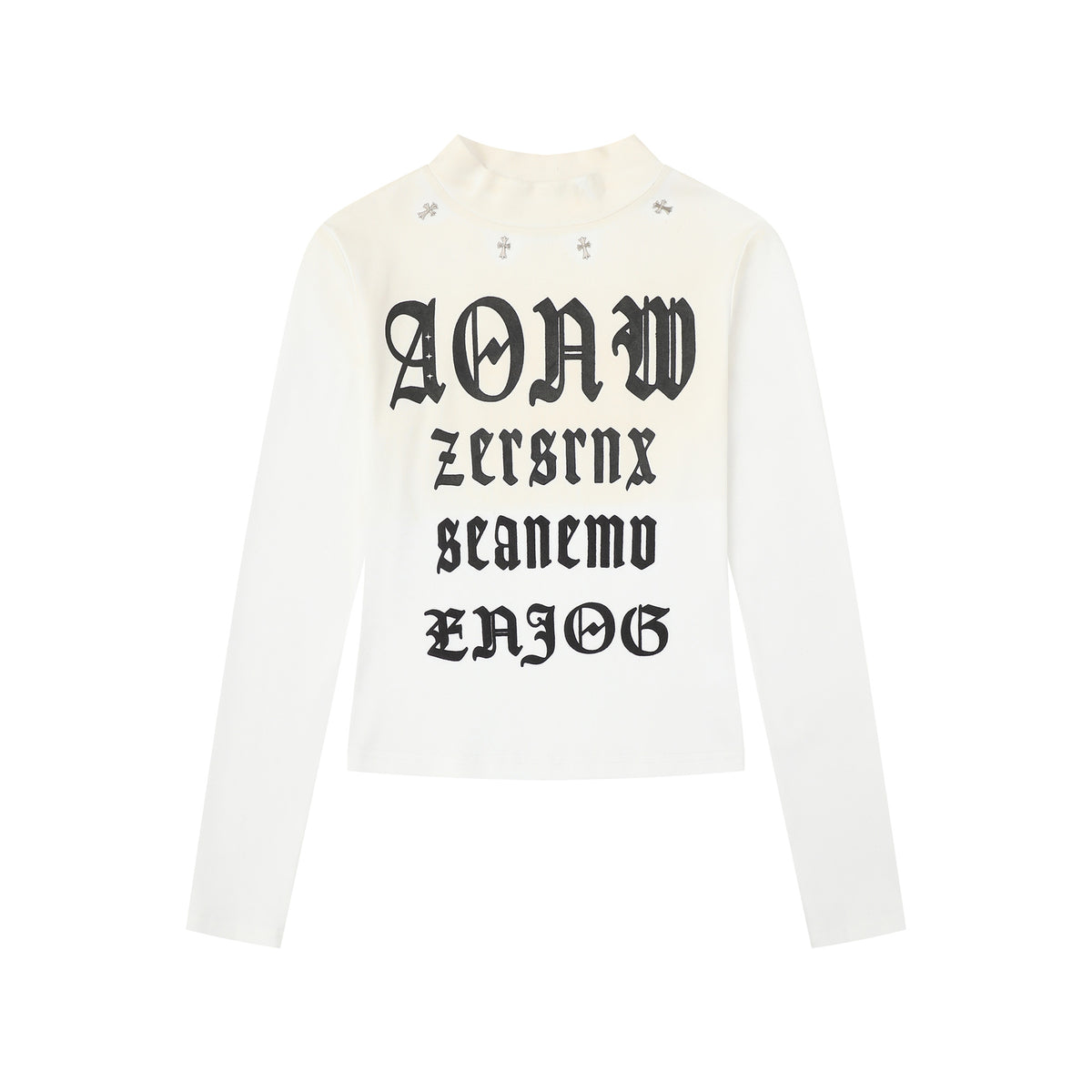 Black gothic letter crop top from eprolo featuring a semi-high neck, spliced design, slim fit, and short, sexy style.