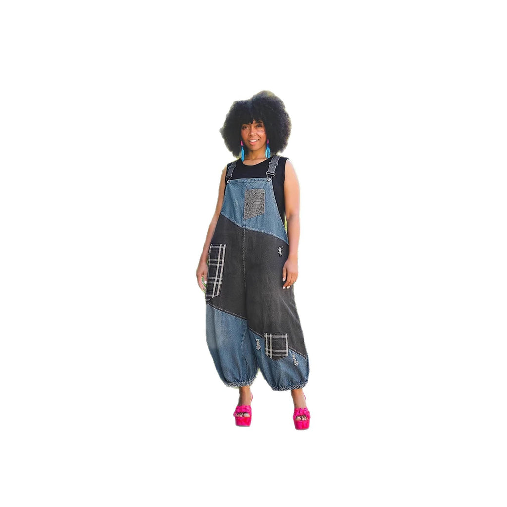 Ripped Patchwork High-Waisted Denim Overalls