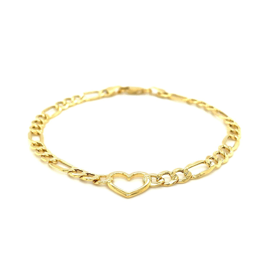 14k yellow gold Figaro chain bracelet with heart charm, 7-inch length, elegant jewelry accessory.