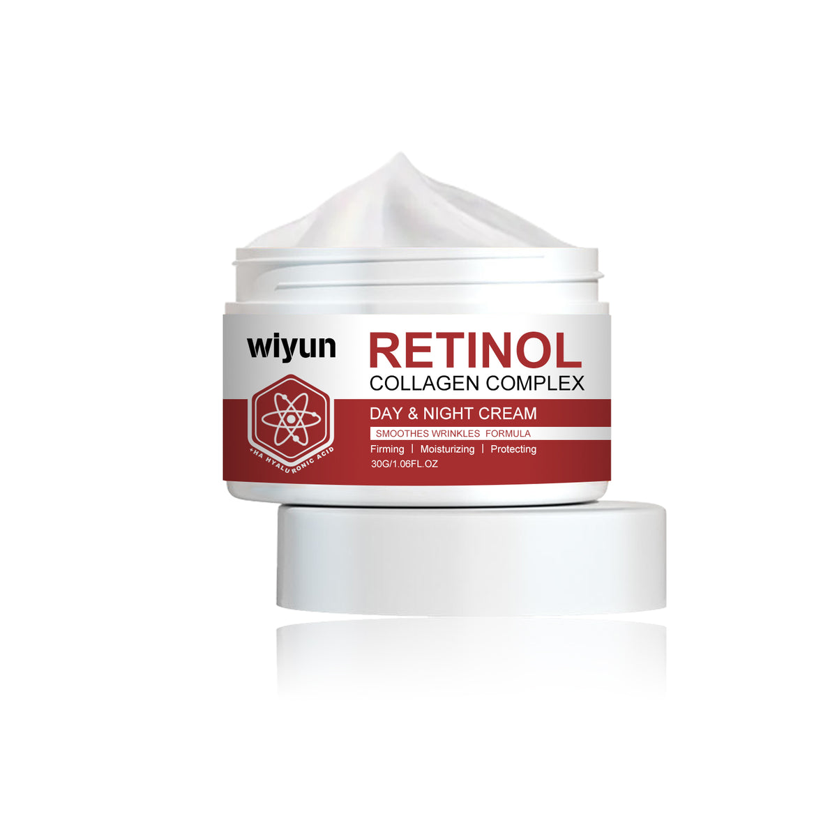 White plastic jar of Wiyun Retinol Collagen Complex Day & Night Cream with textured cream peak and separate lid.