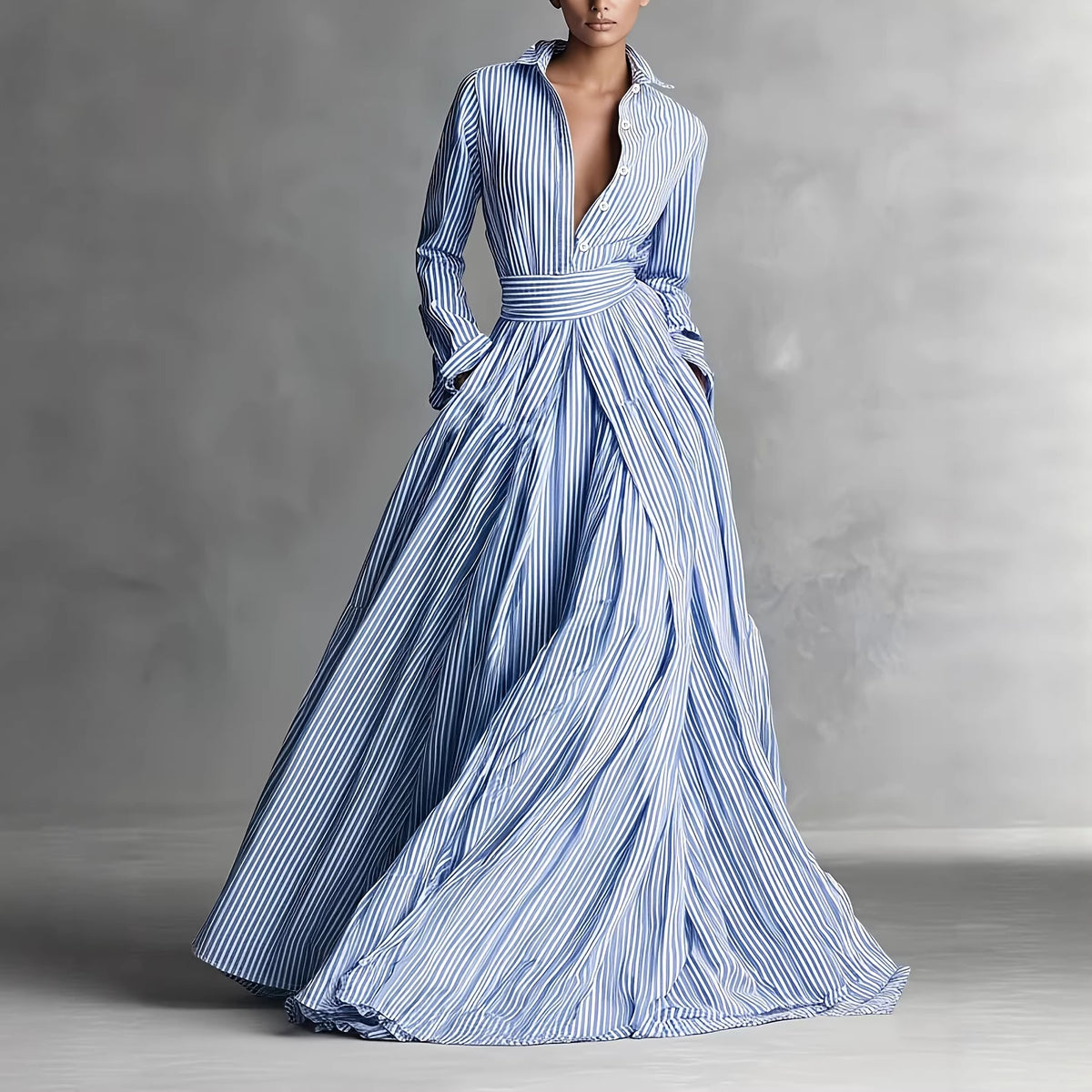 Striped long-sleeved pocket cardigan tied shirt dress by eprolo, featuring a casual design with a button-front and belt detail.