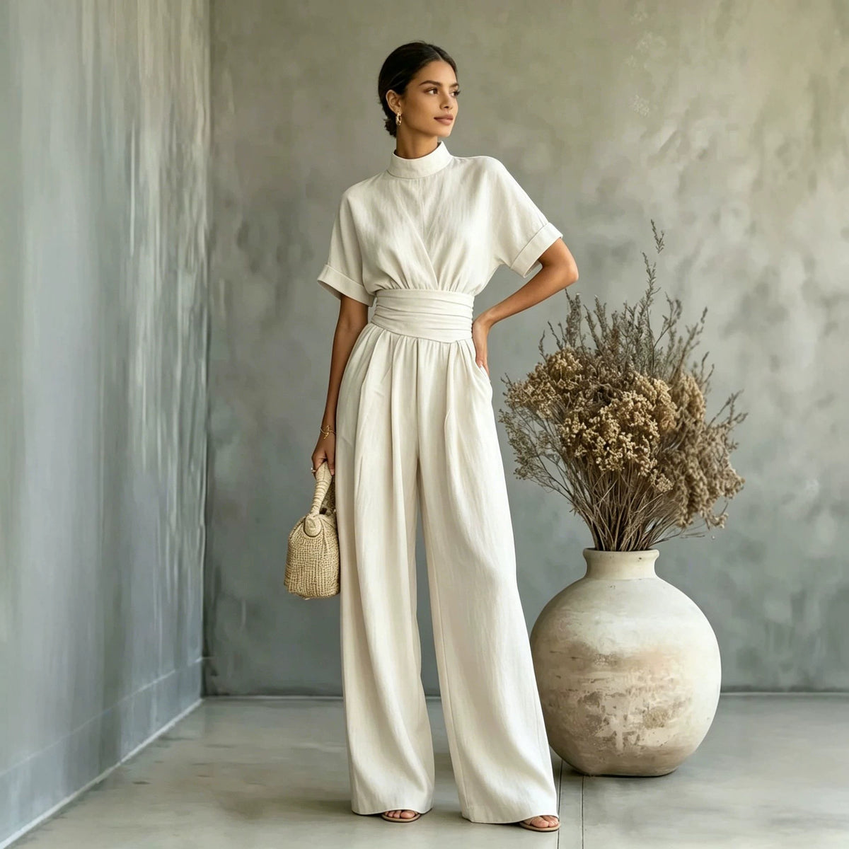 Eprolo half high neck short-sleeved wide-leg jumpsuit displayed on a model, featuring a modern, stylish design.
