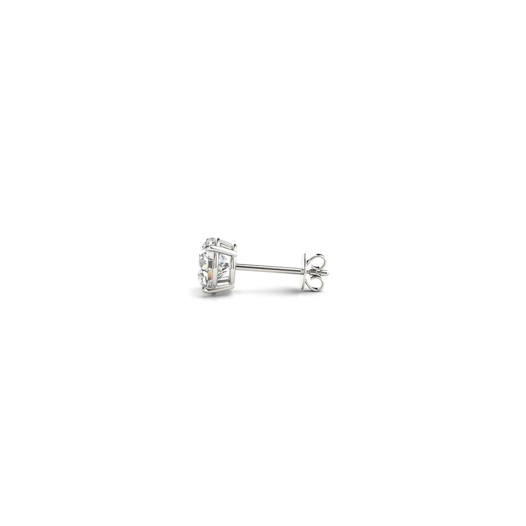 Lab-grown round diamond stud earrings in 14k white gold with G/VS2 clarity, 1/2 cttw, shown in close-up image.