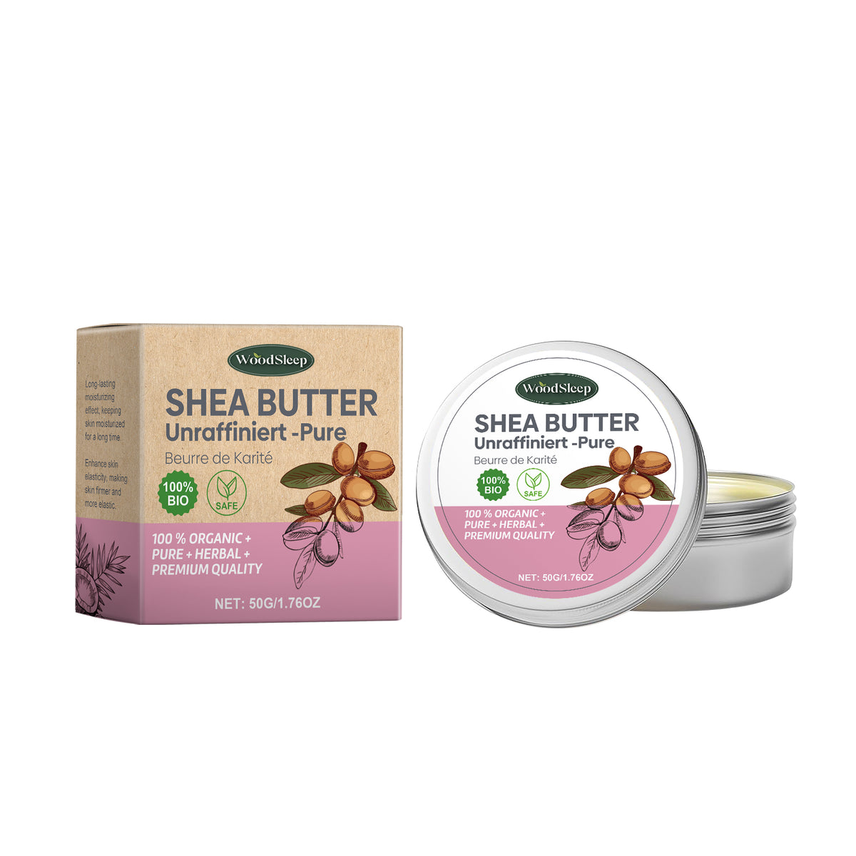 Kraft paper and metal shea butter product packaging with pink labels featuring shea nut illustrations.