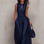 Deep Blue Striped Sleeveless Waist-Cinched Jumpsuit