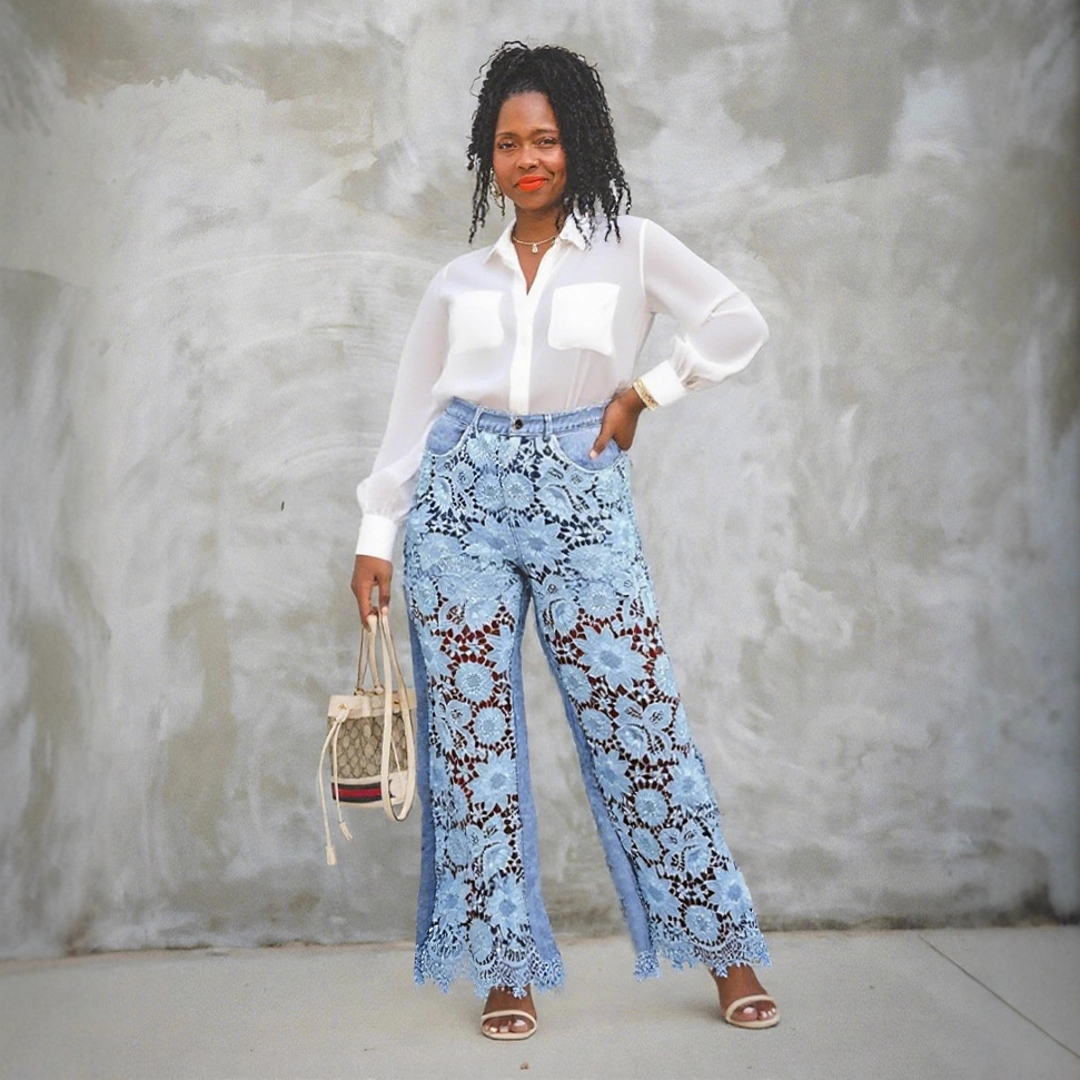 Hollow Lace Spliced High-Waist Jeans