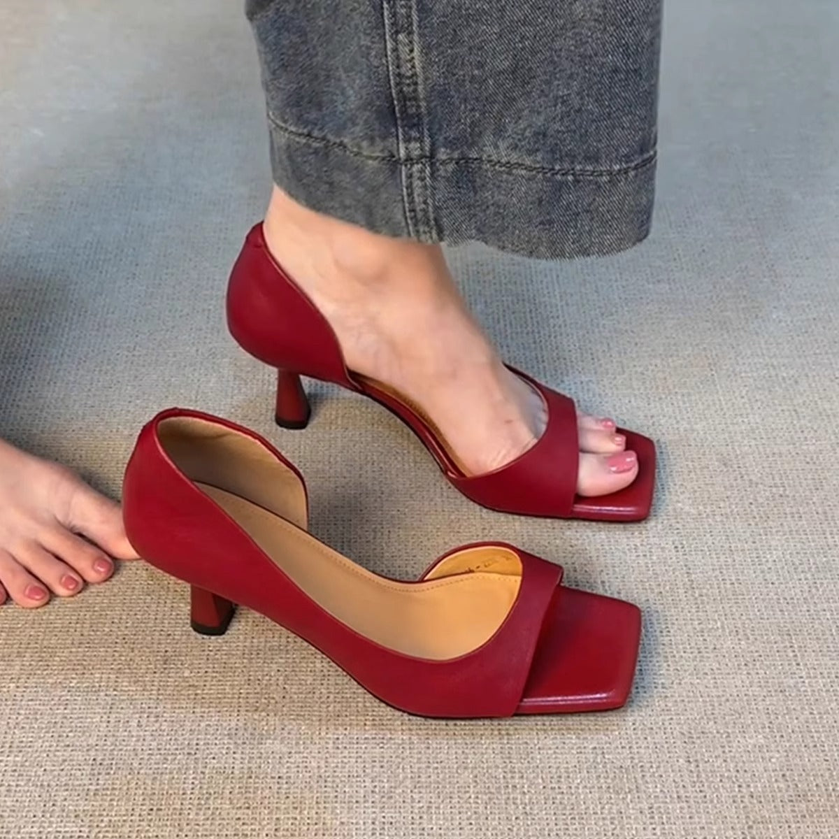 Genuine leather square toe high heels with ankle strap and side hollow design, by Plush Fashion Hub, displayed on a neutral background.