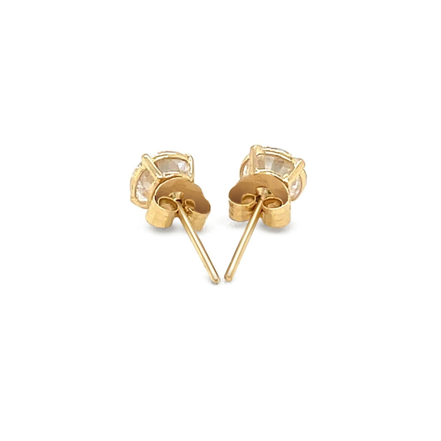 14k yellow gold stud earrings with white hue faceted cubic zirconia, showcasing elegant jewelry design and sparkling gemstone accents.