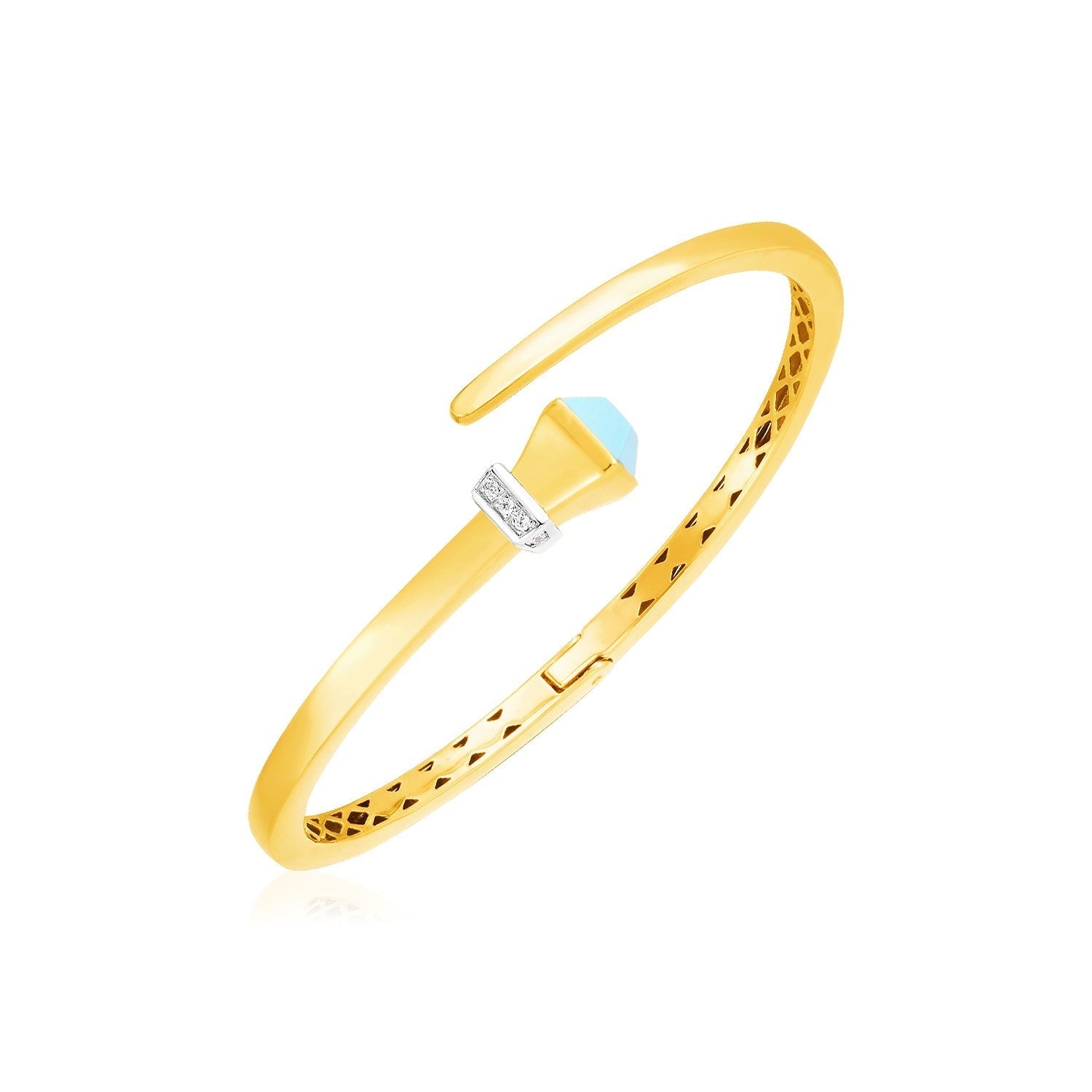 14k yellow gold crossover hinged bangle bracelet with turquoise stones and diamond accents, elegant jewelry for women.