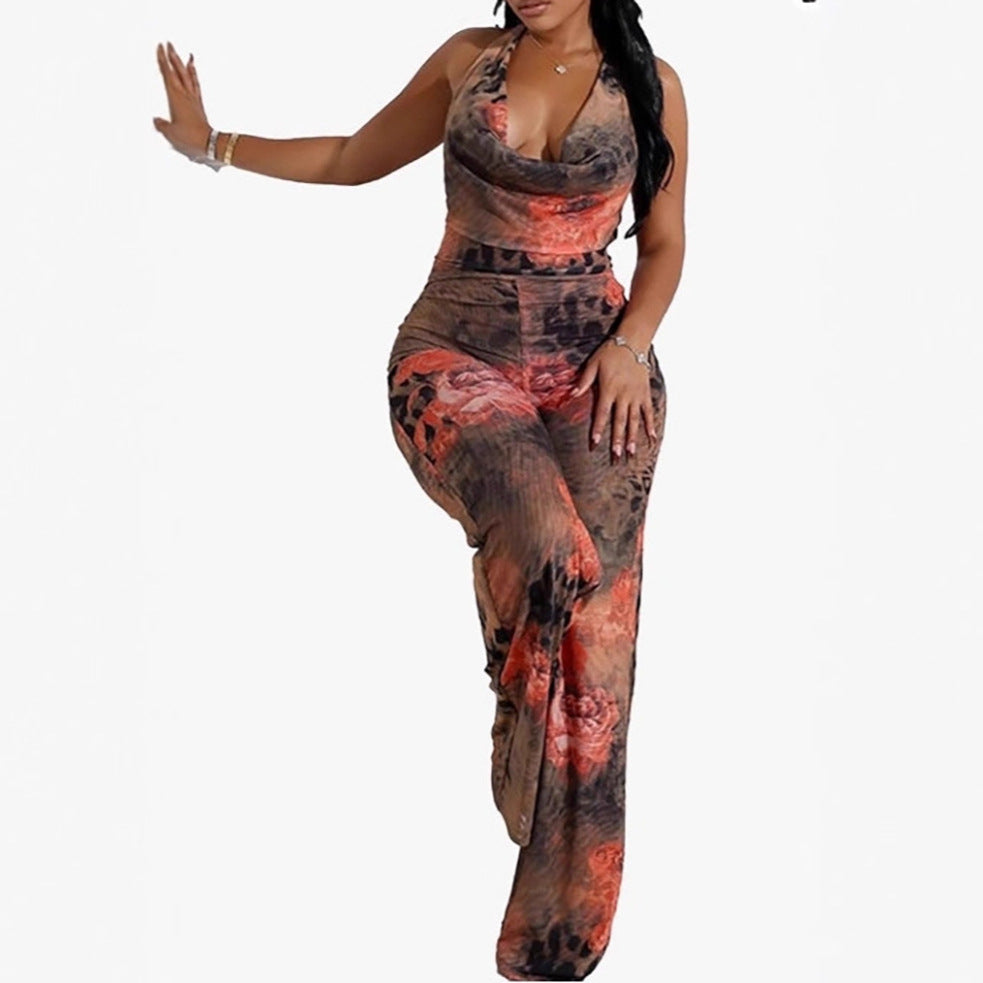 Leopard print floral placement halter bodysuit for women, stylish plush fashion top with bold animal and floral pattern.