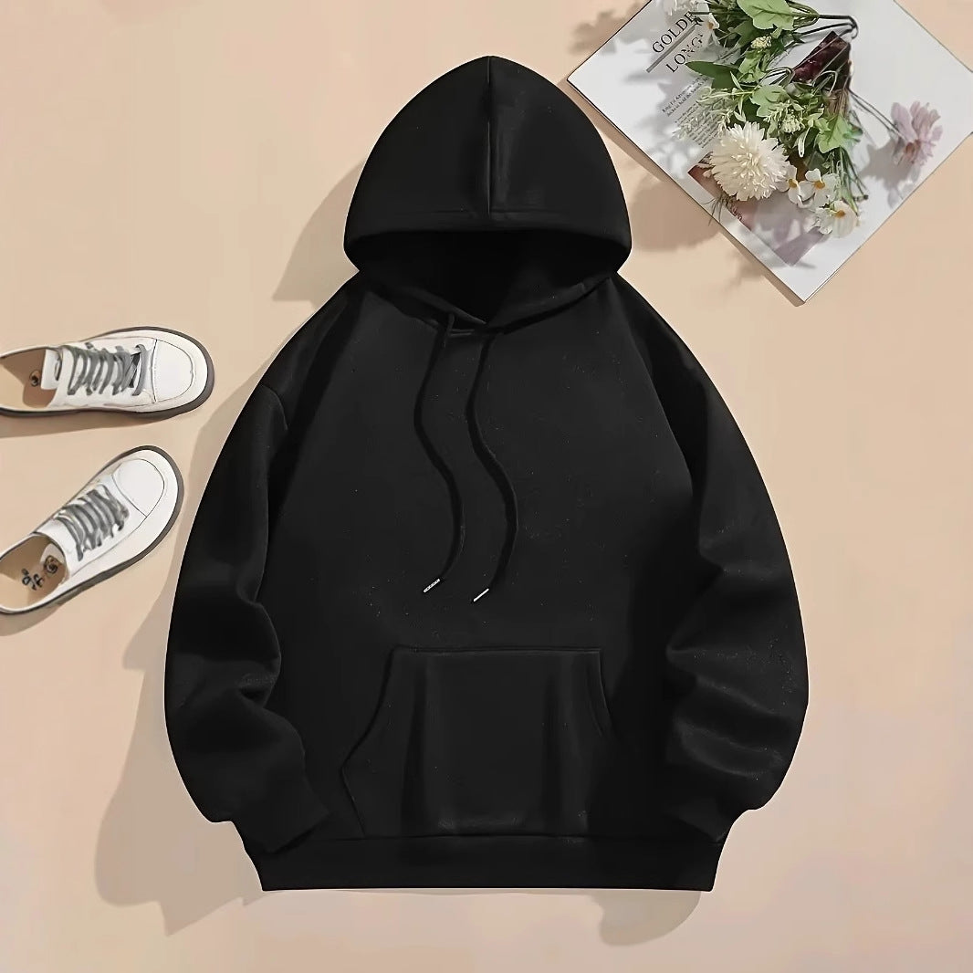 Plain black cotton-blend pullover hoodie with long sleeves, hood drawstring, and front kangaroo pocket.