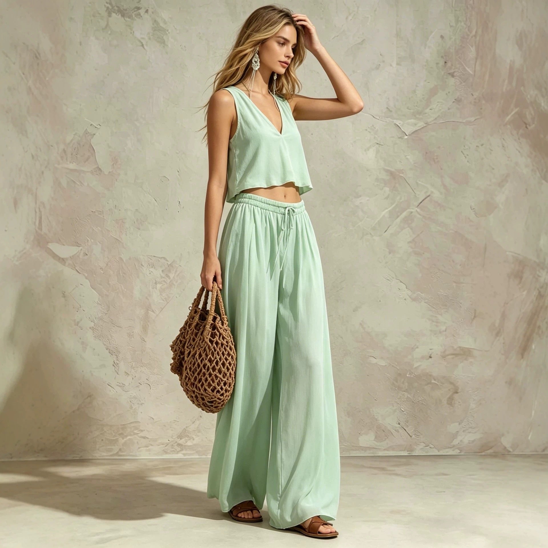 Women's V-neck sleeveless camisole top and wide-leg pants matching set by FitiqueFit, shown in a stylish, coordinated outfit.
