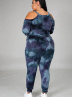 Plus size women's off-shoulder tie-dye casual suit featuring a relaxed fit and stylish design, perfect for comfortable everyday wear.