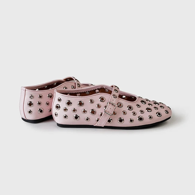 Plush Fashion Hub riveted round toe Mary Jane flats with strap and buckle, stylish and comfortable footwear for women.