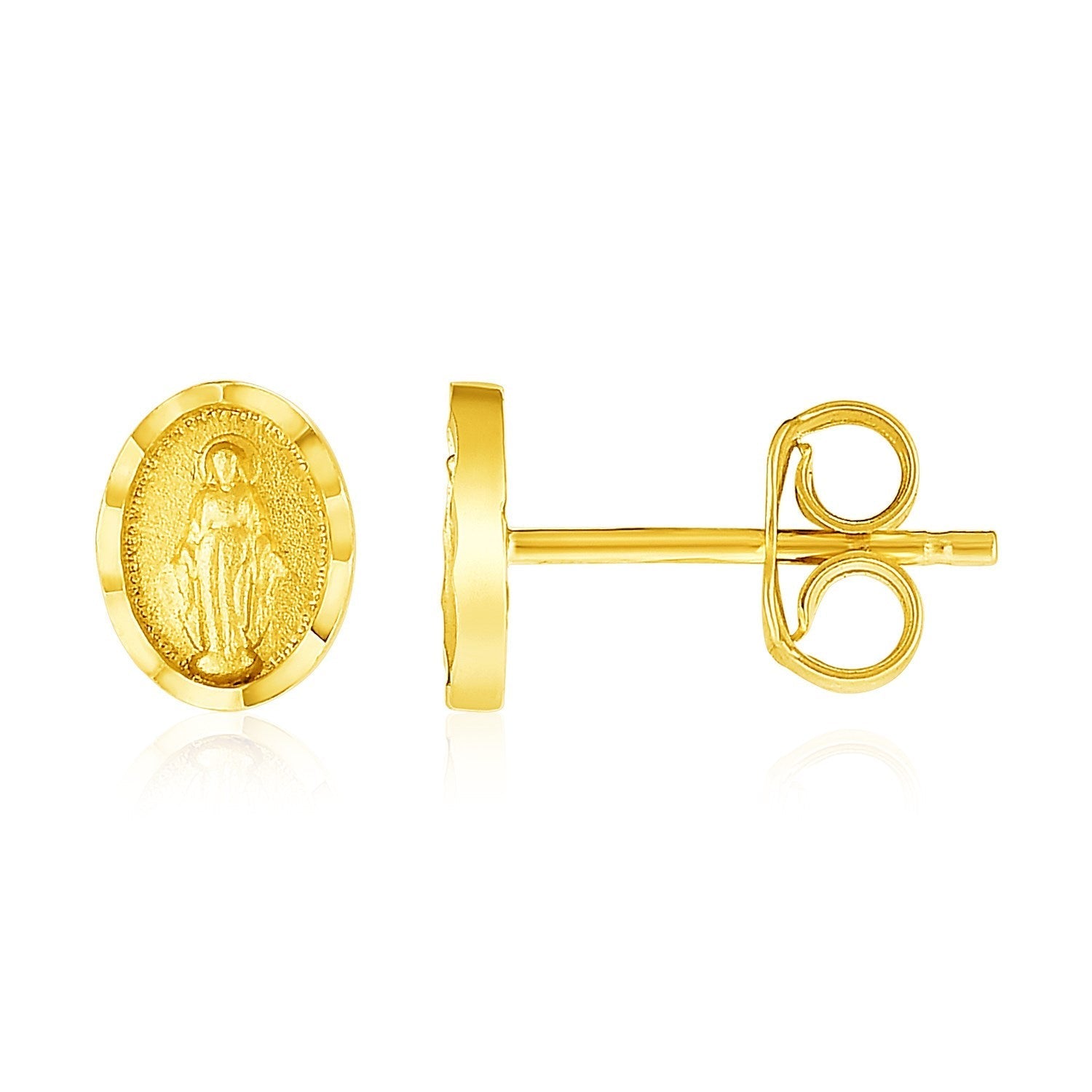 14k yellow gold oval religious medallion post earrings with detailed design on a white background.