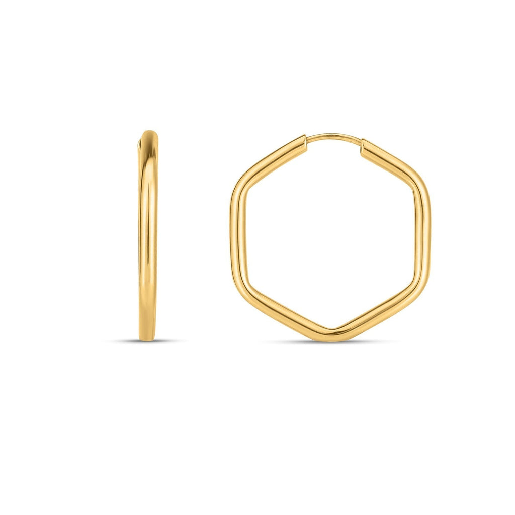 14k yellow gold endless hexagon hoop earrings with a sleek, geometric design, perfect for stylish everyday wear
