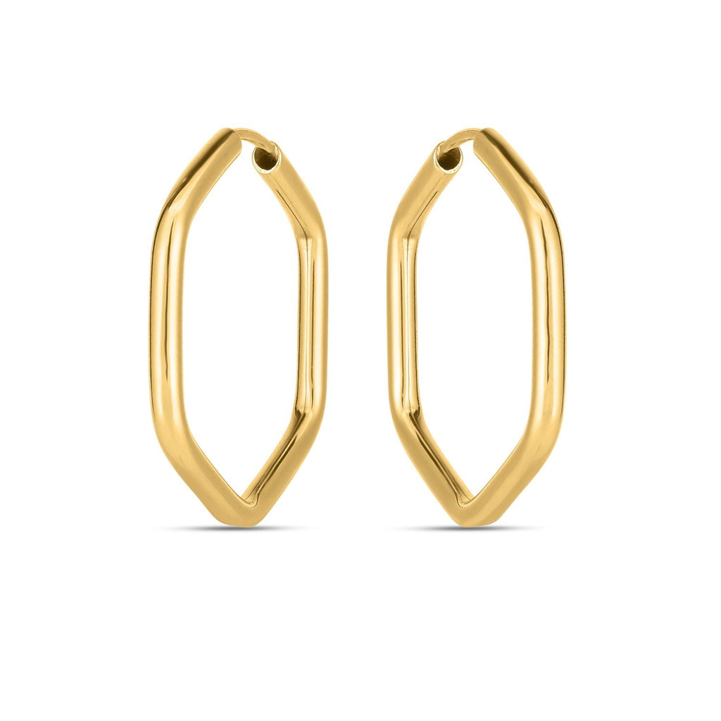 14k yellow gold endless hexagon hoop earrings with a sleek geometric design, crafted by Plush Fashion Hub.