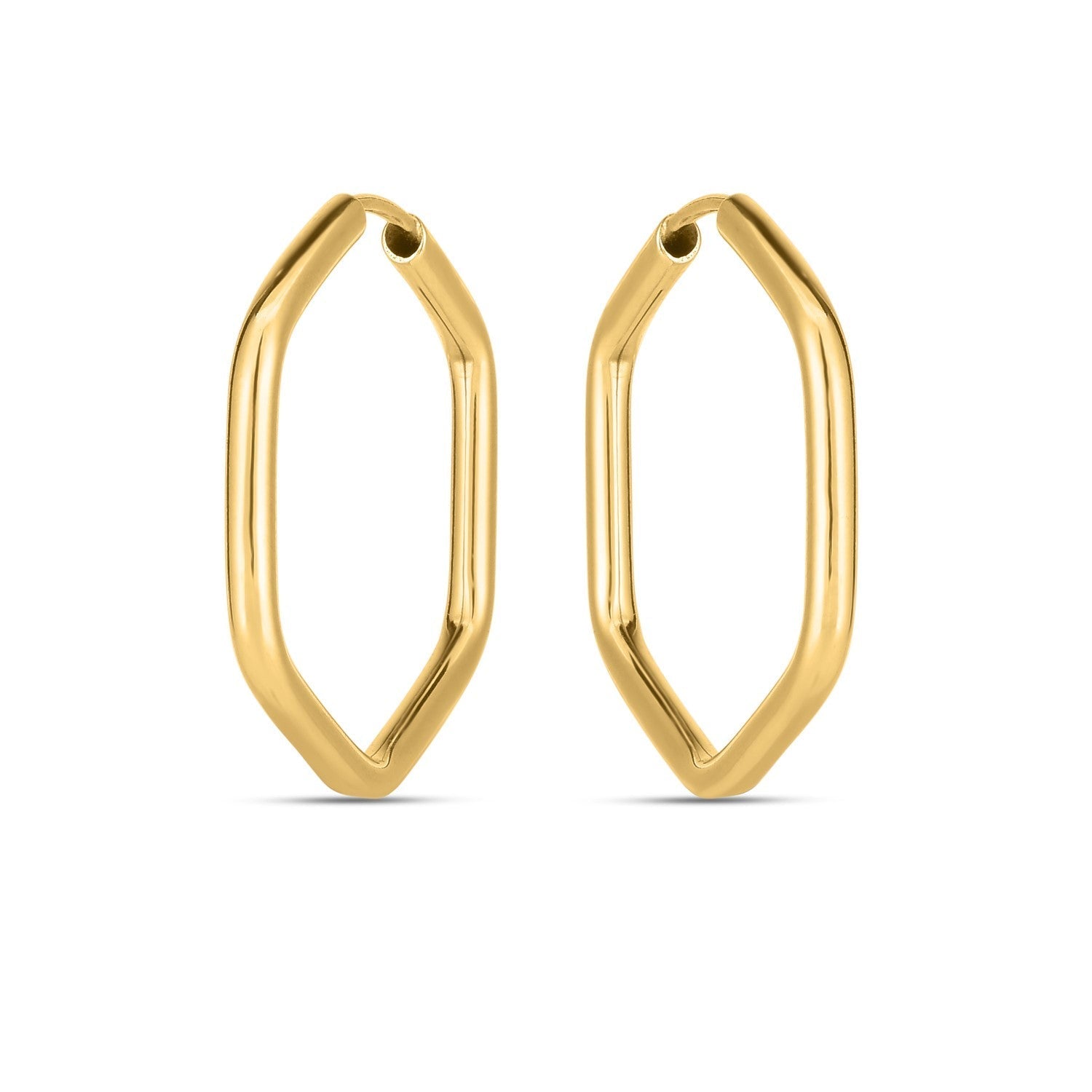 14k yellow gold endless hexagon hoop earrings with a sleek geometric design, crafted by Plush Fashion Hub.
