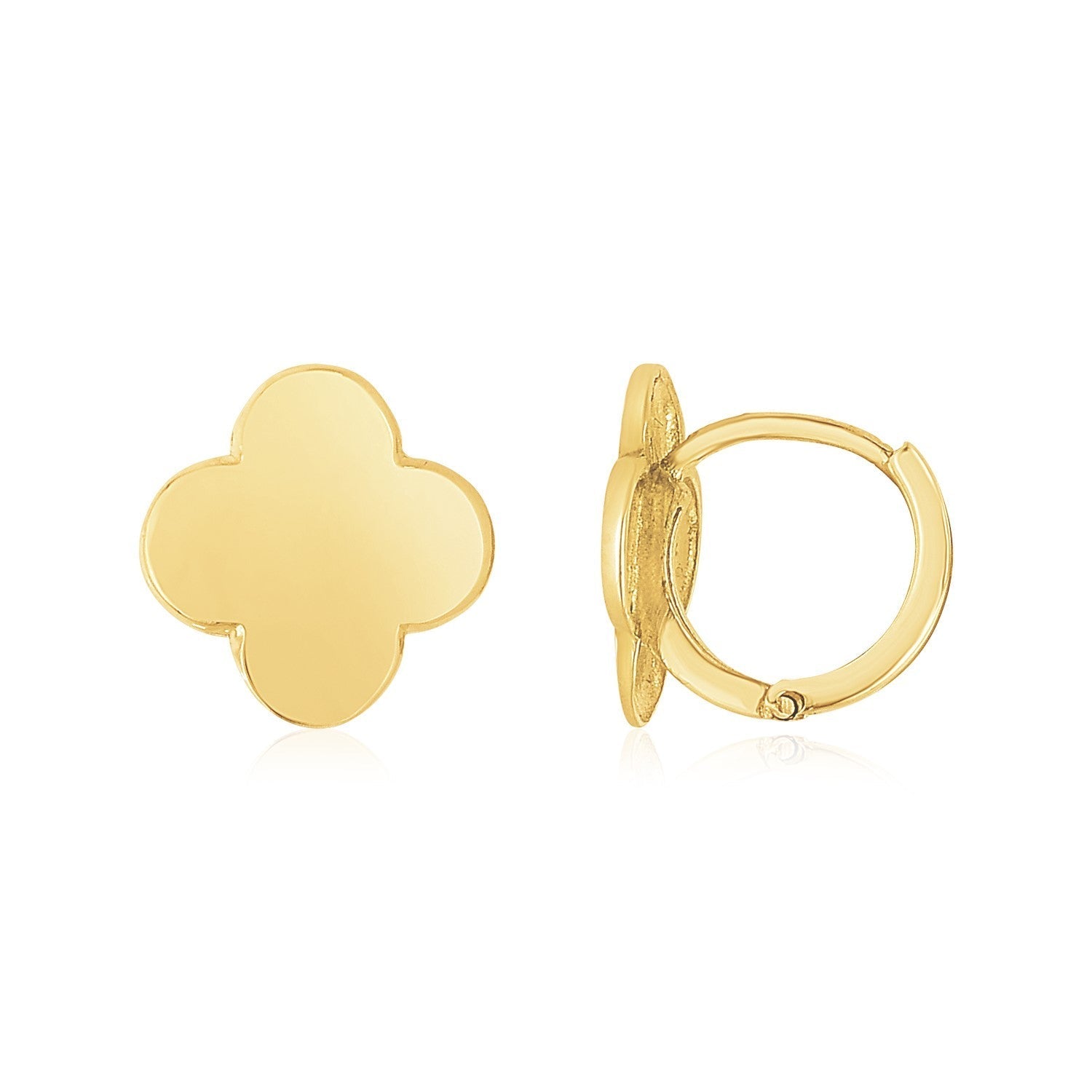 14K yellow gold polished clover stud earrings featuring a shiny, smooth finish, perfect for everyday wear and elegant style.