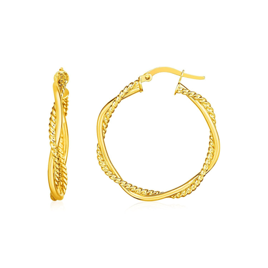 14k yellow gold twisted round hoop earrings with textured two-part design, from Plush Fashion Hub