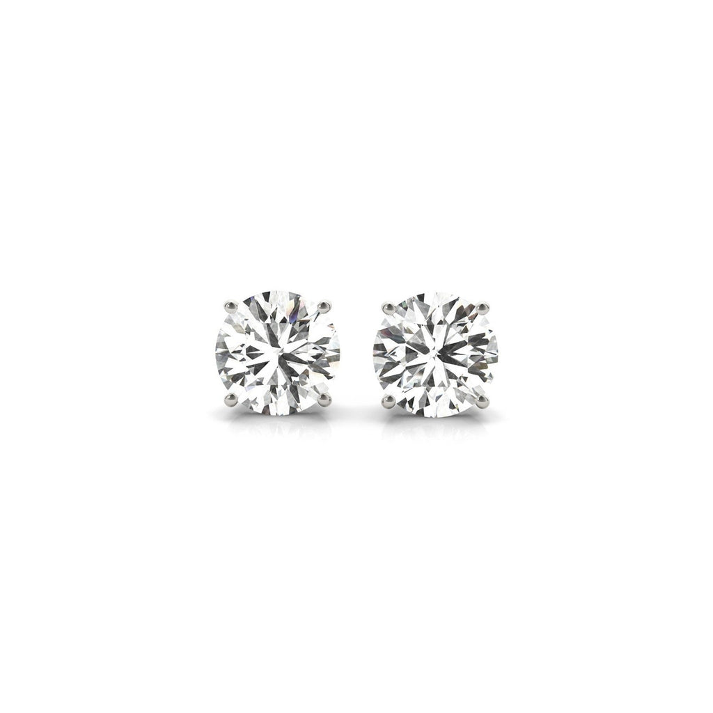 Certified IGI lab-grown 2 cttw round diamond stud earrings in 14k white gold with G/VS2 clarity and platinum finish.