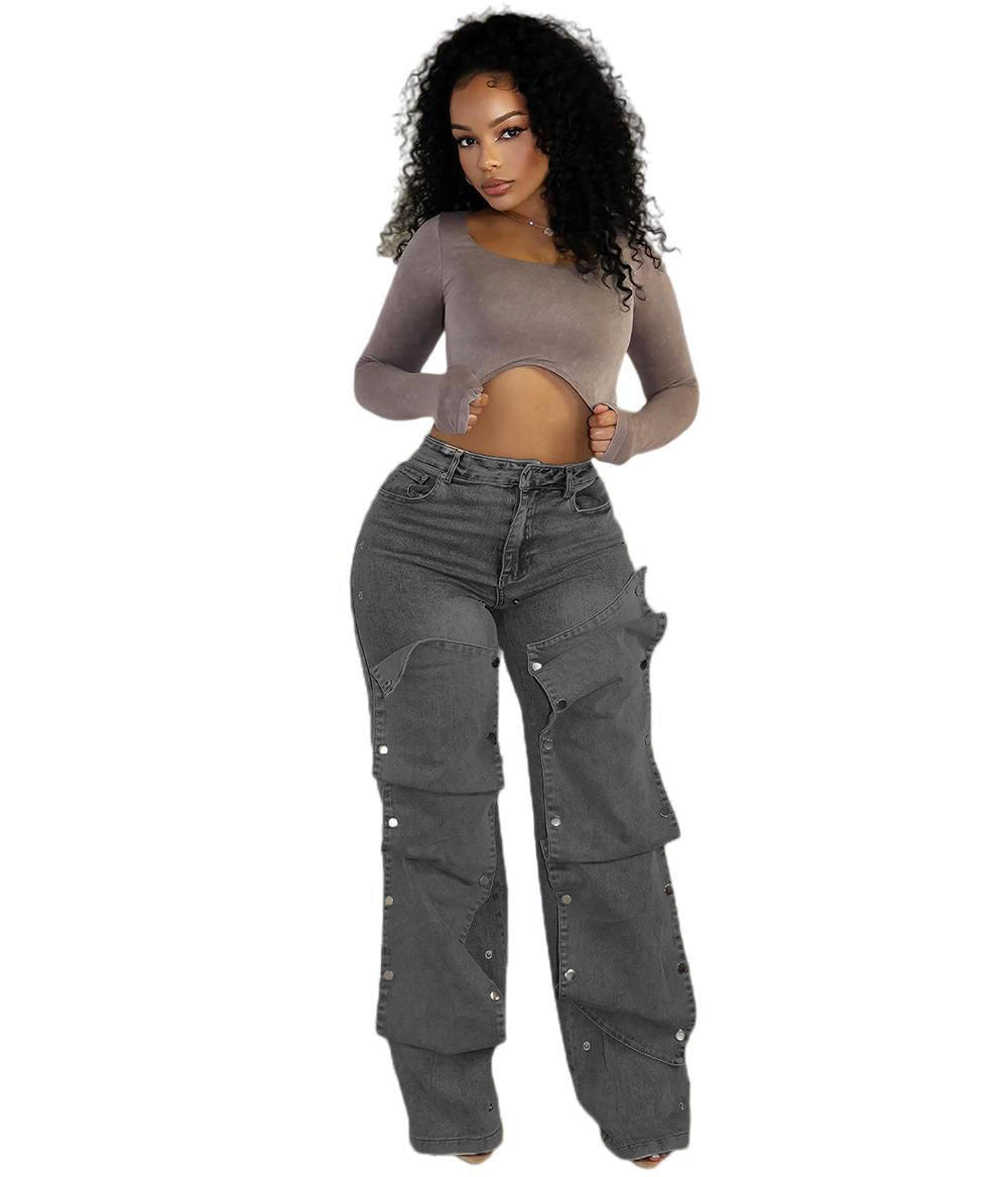 High-waisted straight-leg jeans by eprolo with detachable button detail and classic denim design.