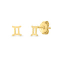 14K yellow gold Gemini stud earrings with zodiac symbol design, featuring a polished finish and secure post backs.