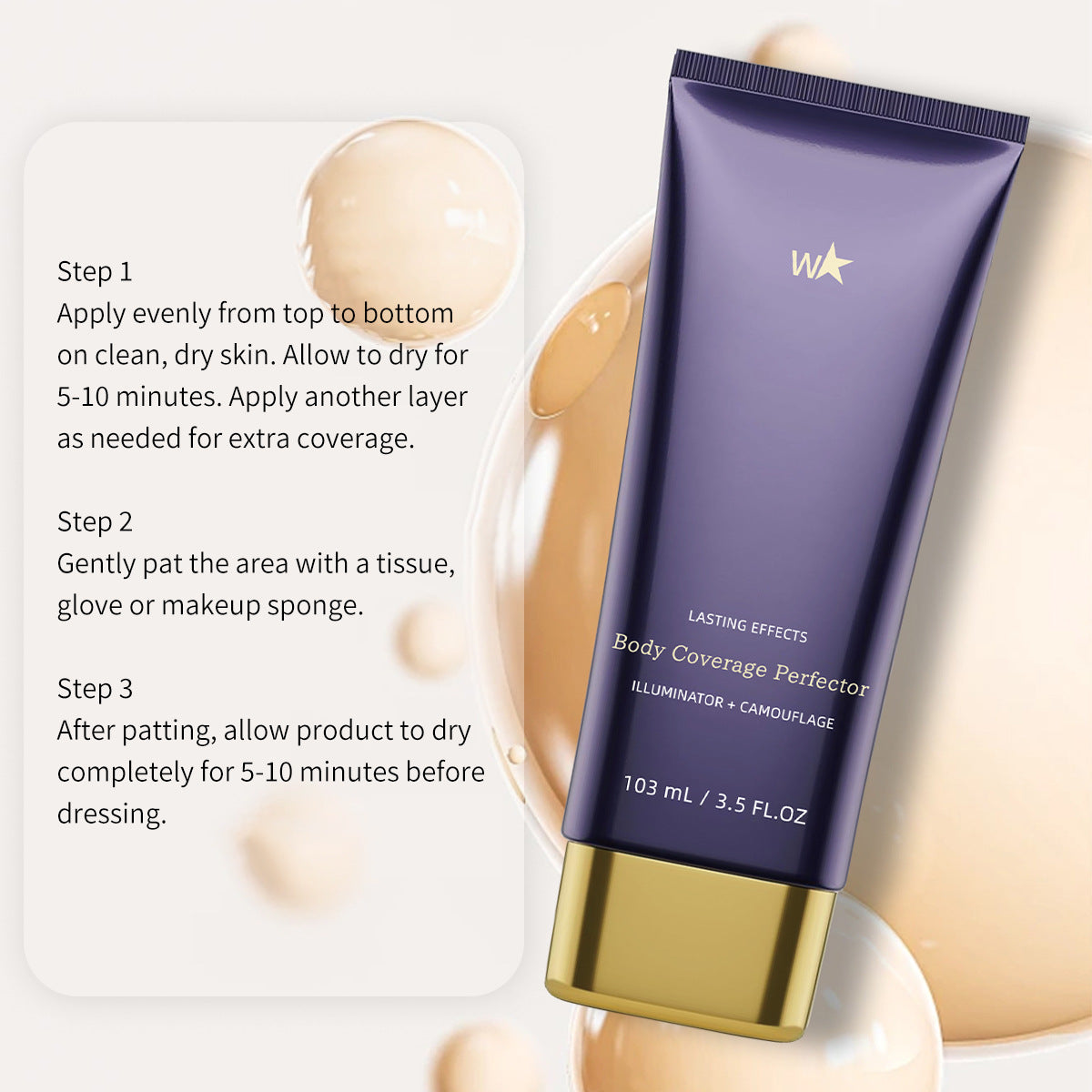 Purple plastic tube of Body Coverage Perfector with gold cap and text, next to three numbered application steps.