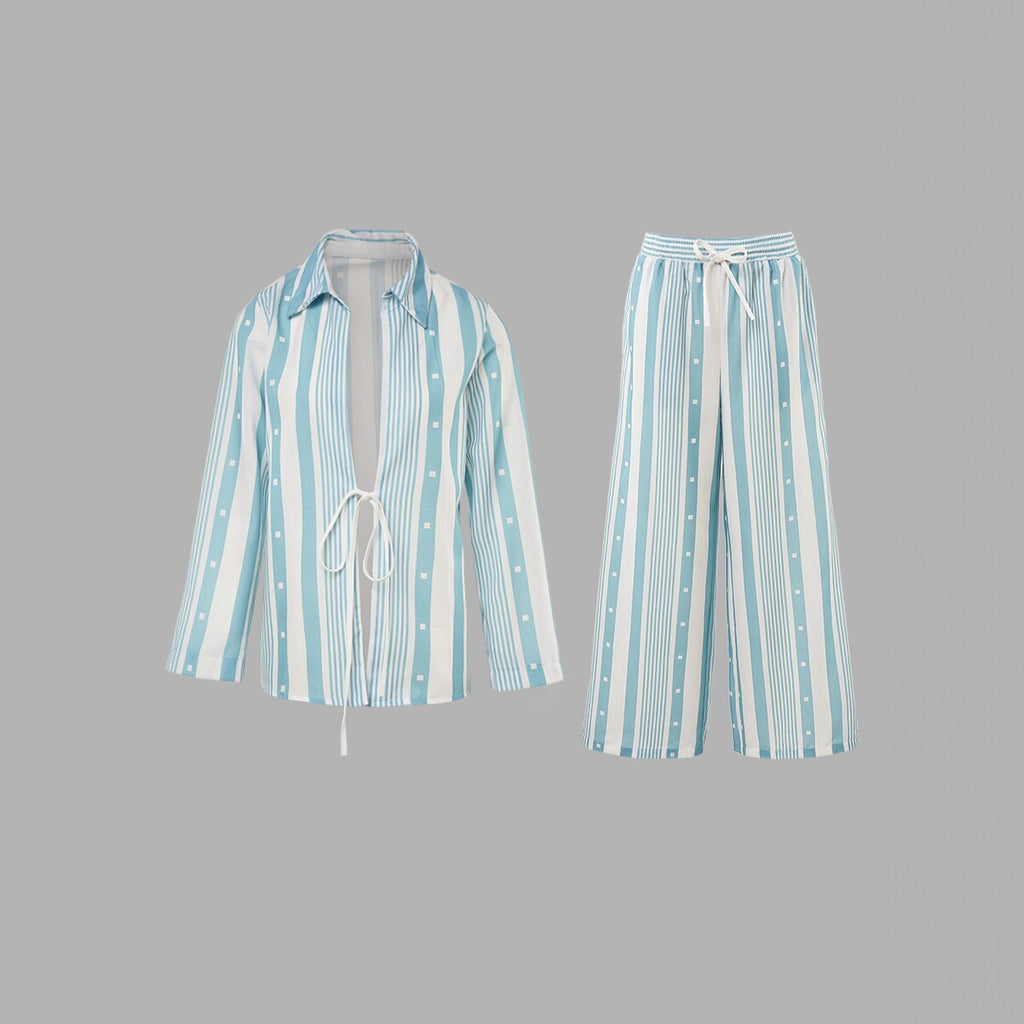 Blue and White Striped Wide Leg Lounge Set