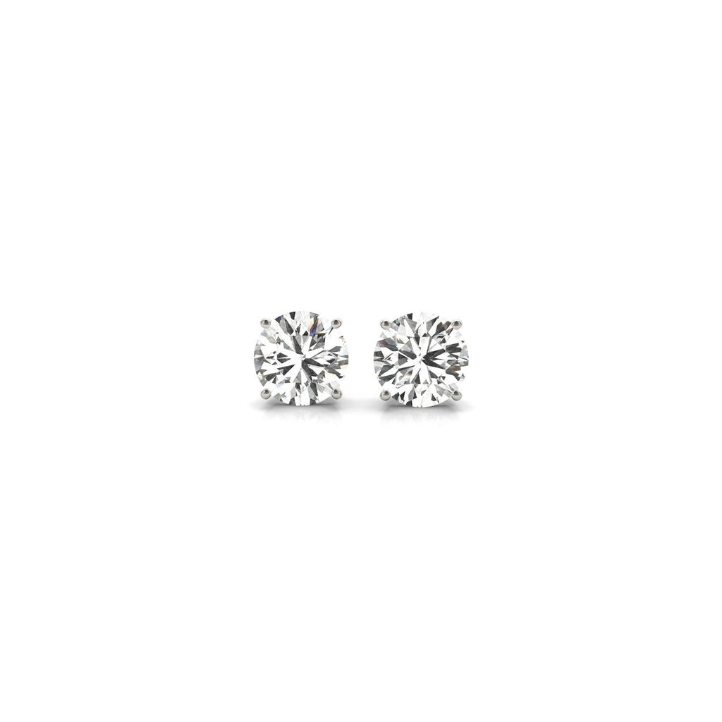 Certified IGI lab-grown round diamond stud earrings in 14k white gold with G/VS2 clarity, featuring 1 cttw total weight.