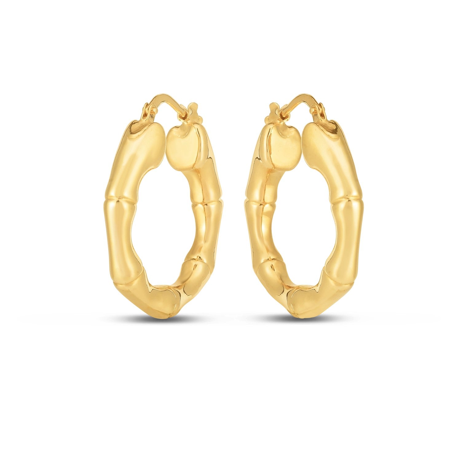 14k yellow gold medium bamboo hoop earrings, stylish and lightweight jewelry, shown on a neutral background