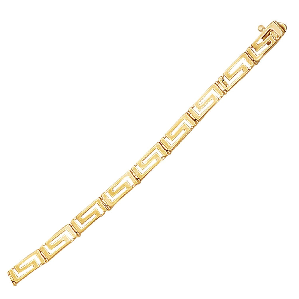 14k yellow gold Greek fret design bracelet with intricate pattern, stylish jewelry piece for elegant accessories.