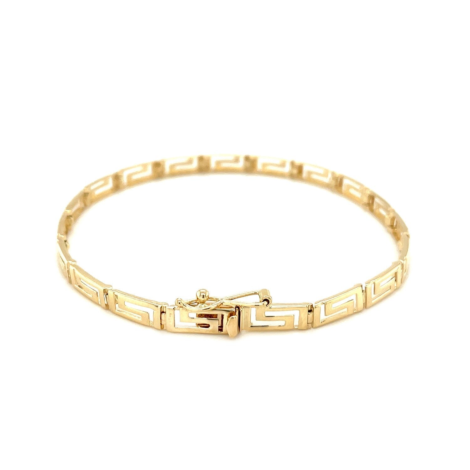 14k yellow gold Greek fret design bracelet with intricate pattern, showcasing a luxurious and elegant jewelry piece.