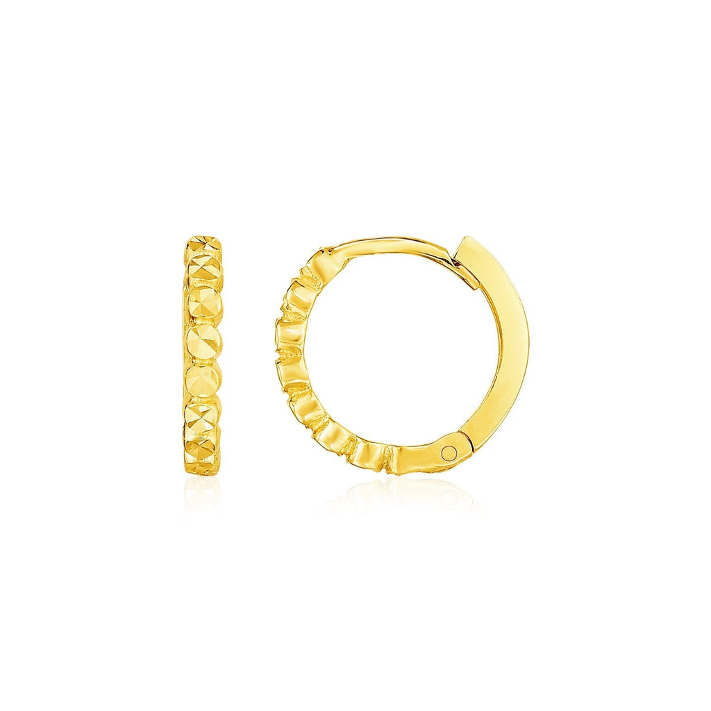 14k yellow gold petite textured round hoop earrings with a sleek finish, designed for a stylish and elegant look.