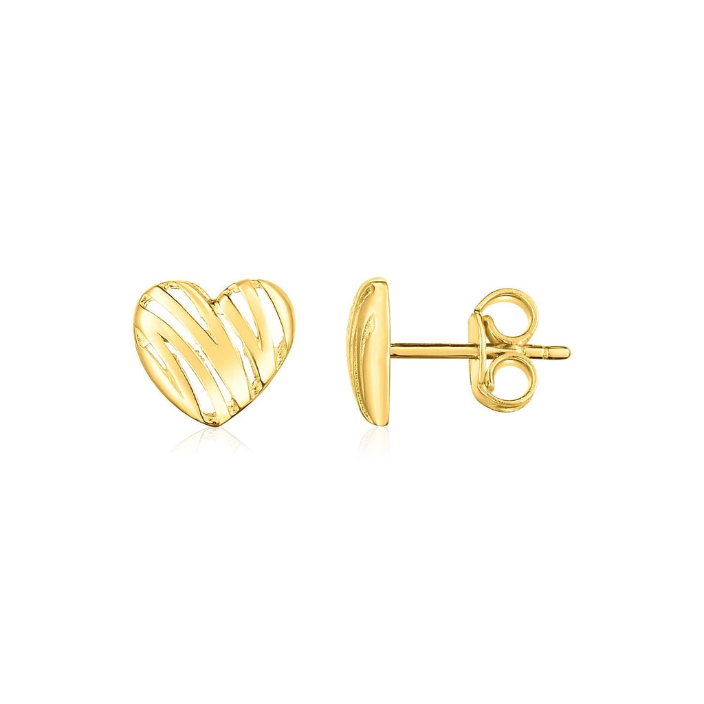 14K yellow gold high polish scribble heart stud earrings, stylish jewelry accessory with a modern heart design.