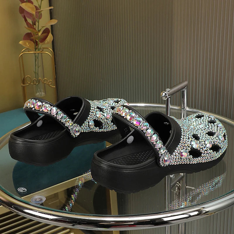 Luxe rhinestone-embellished slide sandals from Plush Fashion Hub, featuring a stylish open-toe design with sparkling accents.